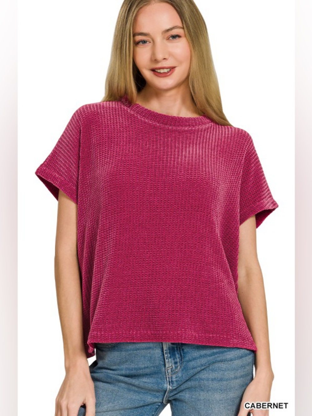 Cabernet Zenana CHENILLE WAFFLE CAP SLEEVE SWEATER